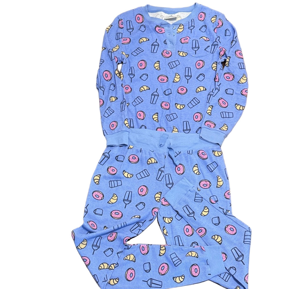 Serra Blue Donut Coffee Thermal Pajama Set with Fun Print